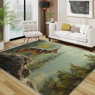 Generisch Wolf Teppich, Natur Landschaft Tiere Wald Teppich Eingang, Tiere Kurzflor Waschbar Antirutsch Klein Teppiche, 50x80 cm, Grün