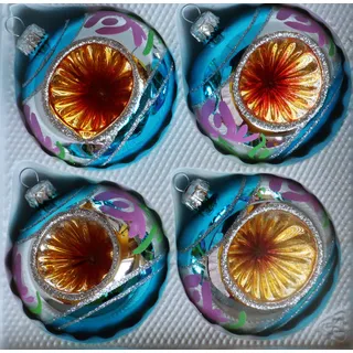 Glänzende türkis-Silberne Weihnachtskugeln aus Glas mit Blumen und bunten Reflexen und silbernen Glitzerapplikationen - Durchmesser 8 cm 4er Set