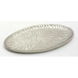 Kerzenteller, Dekoteller in ovaler Form Messing vernickelt Silber im Baum-Design 18 x 9 cm