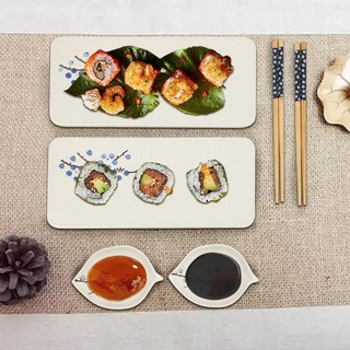 EurHomePlus Japanische Keramik Sushi-Teller-Set 6-teilig Geschirr 2Sushi-Platte-2 Soßenteller- 2 Paar Essstäbchen Blaue+Weiße/Pink+Weiße (Blaue+Weiße)