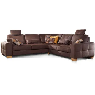 Cavadore Ecksofa Puccino mit Federkern, Bettfunktion, verstellbarer Rückenlehne und 2 Kopfstützen / Sofa gleichschenklig in L-Form im Landhaus-Design / 276 x 86 x 271 cm / Mikrofaser braun