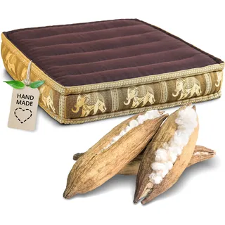 livasia Sitzkissen Boden Thaiseide - 50x50x10cm - Bodenkissen Indoor/Outdoor, Meditationskissen Yogakissen, Stuhlauflage Palettenmöbel, Steppkissen Bank handgefertigt (Braun/Gold/Elefanten Seide)