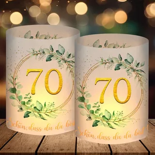 12 Windlicht Tischdeko 70 Geburtstag, Eukalyptus Deko 70. Geburtstag Frau Mann, Geschenke zum 70 Geburtstag, 70 Jahre Happy Birthday Tischdeko Grün, Geeignet für Teelichter oder Kerzen