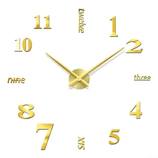 HOHOVYVY Wanduhr Groß, Leise DIY Acryl Wanduhr Rahmenlos 3D Optik 50-70cm Große Zahlen Modernes Design Für Wohnzimmer Schlafzimmer Büro Küche Café(Gold)
