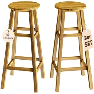 Casaria® Barhocker 2er Set Holz Akazie Outdoor 75cm Sitzhöhe Fußstütze 150kg Belastbarkeit Massiv Rund Rustikal Garten Küche Bar Stuhl Hocker Braun