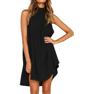 Graceyo Trägerkleid Damen Sommer Neckholder Schulterfrei Kleider Ärmelloses Sommerkleid Beach Cami Kleider Strandkleid Freizeit Unregelmäßige Minikleider Swing Mini Kleid Sommerkleider, Schwarz, L