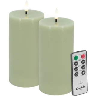 Candela LED Kerzen 2er Set H:15xØ7,5cm grün rustic Echtwachs mit Fernbedienung Timer Funktion & mehrstufig dimmbar flammenlos Echtwachskerzen Stumpenkerze