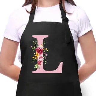 Personalisierte Initialen Schürzen Damen, Kochschürze Baumwolle Verstellbare Küchenschürze mit Taschen zum Kochen, Backen, Geschenk für Frauen Mama Oma Freundin zum Geburtstag Muttertag Weihnachten L