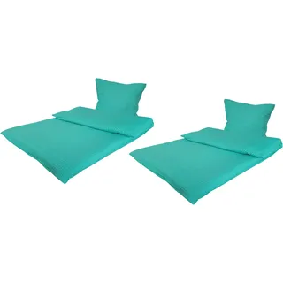 MB Warenhandel24 Bettwäsche Seersucker Microfaser 4 teilig Doppelpack Spar Set mit Reißverschluss 2X 135x200 cm + 2X 80x80 cm (Türkis)