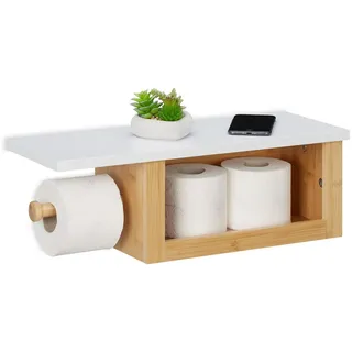 Relaxdays Toilettenpapierhalter mit Ablage, Klopapierhalter Bambus, offenes Fach, HBT: 17x50x18 cm, Wand, natur/weiß