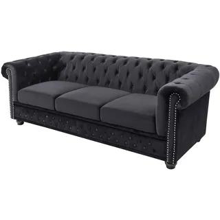 3-Sitzer Sofa CHESTERFIELD - 205cm - schwarz - Samt - Federkern | Taschenfederkern, Ziernieten, englischer Stil, Rundum-Bezug, pflegeleicht