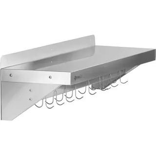 Mahlzeit Edelstahl Wandregal mit Hakenleiste | 90 x 30 cm | Hängeregal, Silber | Ablage Regal Gastro, Wandregal Küchenregal, Schweberegal, Edelstahl Regal Küche