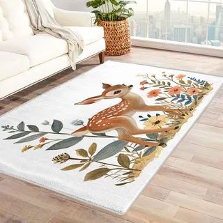 Generisch Wald Teppich Kinderzimmer - Teppich Wohnzimmer Schlafzimmer REH, Kleiner Teppich Waldtiere Blumen, Weich Kurzflor & Waschbar & rutschfest Fussmatte Innen, Kinderteppich 60x90 cm