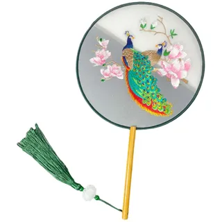 fxwtich Palastfächer mit Quaste, runder Bambusfächer, chinesischer bestickter runder Fächer, Pfauen, Blumen, Panda, Bambus, Vintage-Handfächer B