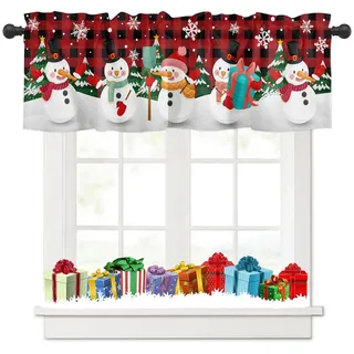Tokusyou Weihnachten Scheibengardine Gardinen Deko Weihnachtsgardine Rot Vorhang Der Niedlich Schneemann Kariert Schneeflocken Muster Bistrogardinen für Küche Fenster B 137 × H 45 cm