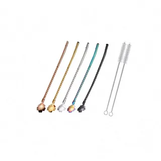 5PCS Metalllöffel Strohhalme Trinklöffel mit 2 Reinigungsbürsten 8,7 ”Wiederverwendbarer Barlöffel Strohhalm für Eiskaffee Gefrorenes Getränk Milchshake Smoothies Sundaes Cocktail Mixen Rühren