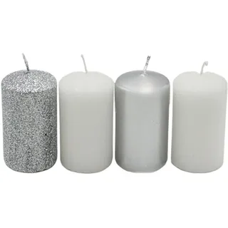Dekohelden24 Stumpenkerze, Adventskerzen, Adventskranzkerzen, in Silber und Weiß, Verschiedene Farbnuancen, Größe H/Ø ca. 7 x 4 cm, 250 gr, Brenndauer 4X 10 h