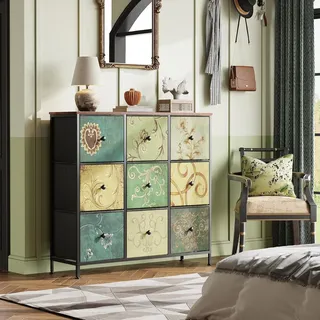Retro Kommode Schrank mit 9 Schubladen, Sideboard mit Metallrahmen und Stoffschubladen, Rustikaler Schubladenschrank Flurschrank Ideal für Schlafzimmer Wohnzimmer Küche (Quadratische 9 Schubladen)