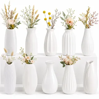 10 Kleine Vase Weiß, Kleine Vasen für Tischdeko, Wasserdicht Keramikvase | Glasiert Mini Vasen Set,Blumenvase Modern,Blumenvasen,Weiße Deko Keramik Vase,Flower Ceramic Vases für Pampasgra,Bemalen,Boho