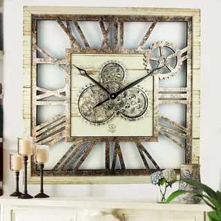 The Gears Clock Wanduhr Mit Echten Beweglichen Zahnraedern - America Collection - 24" Quadratisch - Desert - Beige
