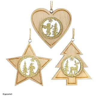 Hti-Living Baumschmuck natur-gold, 3er Set Holz Baumschmuck natur-gold, 3er Set Holz