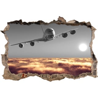 Pixxprint 3D_WD_4986_92x62 Flugzeug über Wolkenmeer Wanddurchbruch 3D Wandtattoo, Vinyl, schwarz / weiß, 92 x 62 x 0,02 cm