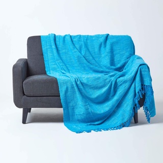 Homescapes große Tagesdecke Nirvana, blau, Wohndecke/Sofaüberwurf aus 100% Baumwolle, 225 x 255 cm, Knoten-Optik mit Fransen, hellblau