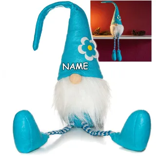 alles-meine.de GmbH lustiger Wichtel/Zwerg 63 cm groß türkis - mit Blume - inkl. Name - für Sommer & Winter - Weihnachten - Plüschtier/Kantenhocker/Türstopper - Weihna..
