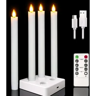 Punasi Echtwachs Wiederaufladbare LED Stabkerzen mit Fernbedienung Timer und Ladestation, 4er Elektrische LED Kerzen Aufladbar Flackernde Flamme für Zimmer Wohnzimmer Halloween Weihnachten Deko