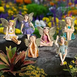 GloBrite 6er Set Feengarten Figuren für draußen wetterfest, handbemalte Elfen Figuren aus Polyresin als Miniatur Figuren mit 10 cm Stab für Garten, Beet, Rasen, Balkon und Blumentöpfe Deko mini