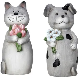 Macosa Home Dekofigur Pfostenhocker 2er Set Keramik Grau Zauntiere (Gartendekoration modern, 2 St., Zaunfiguren für Pfosten und Geländer), Hund Katze 23 cm Garten Deko grau