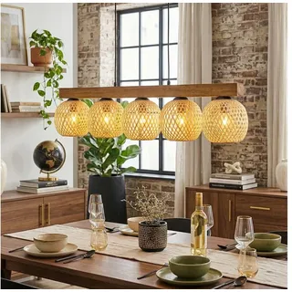 hofstein Hängeleuchte Hängelampe aus Metall/Holz/Bambus in Schwarz/Natur, Gitter-Optik, ohne Leuchtmittel, moderne Pendelleuchte im Boho-Design mit Holzbalken, 5 x E14 beige