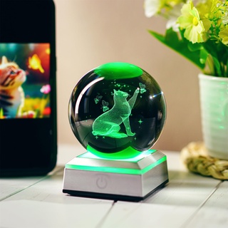 ZEERSHEE 80 mm 3D-Glas-Lasergravur Katze mit Schmetterling, Kristallkugel mit LED-Basis, Katzen-Nachtlicht, Briefbeschwerer für Zuhause, Kunst, Dekoration, Geschenke für Katzenliebhaber, Frauen