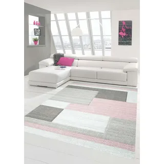 Traum Designerteppich Moderner Wohnzimmerteppich Kurzflor Teppich mit Konturenschnitt Karo Muster Pastellfarben Rosa Beige, Größe 240x340 cm
