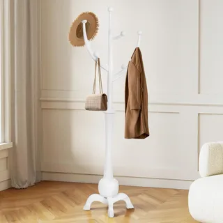 Stehender Stehender Garderobenständer Holz, Stabil Kleiderständer ist 180 cm hoch mit 8 Haken, Baumform-Design, Stabilem Kugelbasis, Tragkraft bis 75 kg, für Flur, Eingangsbereich, Schlafzimmer Weiß