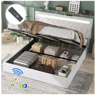 BlingBin Polsterbett 180 x 200 cm Doppelbett Stauraumbett Gästebett (Funktionsbett, 1-tlg., Flachbett, gepolstert), Hydraulisches Bett mit LED-Beleuchtung, Fernbedienung, USB-Anschluss weiß
