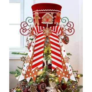 TRANKIELO® - Weihnachtsbaumspitze, 25 cm - Roter Hut mit Lebkuchenmotiv und Schleifenband - Langlebige Filz- und Seidenverzierungen - Rot