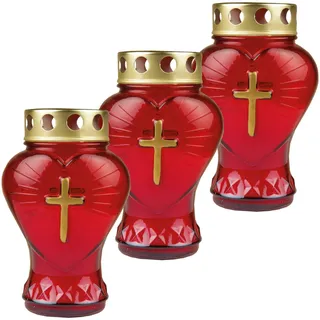 HS Candle Grablicht Glas in Herzform (Rot), 3er Pack Grabkerzen mit ca. 45h Brenndauer