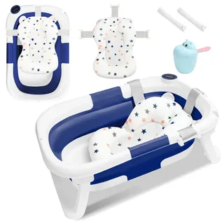 Hebitod Babywanne faltbar Babybadewanne Baby Wanne platzsparend, doppelt faltbare Badewanne mit Badekissen, Anti-Rutsch-Design, temperaturreaktiver Wasserstopfen Blau