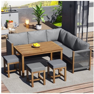 Merax Garten-Essgruppe mit Akazierahmen und Seilgeflecht, (7-tlg., 2 Bänke, 1 Eckbank, 3 Hocker, 1 Esstisch), Gartenmöbel Set mit Kissen, Ecksofa, Polyrattan Lounge, Balkonset grau