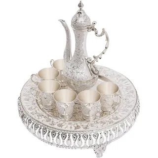 Türkische Kaffeekanne Set, Vintage Teeservice Set, Metall Russisches Samowar Weinglas mit 6 Luxuriösen Kaffeetassen und Handgefertigtem Teetablett Set für Teetisch Dekoration (Silber und Weiß)