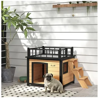 PawHut Hundehütte mit Balkon 121 x 77 x 78 cm Tannenholz Gelb