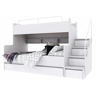 Marlux-Meble Hochbett Kinderbett JSM-3 mit Treppe 80x190 + 120x190 Hochglanz Kinderbetten Funktionsbett Etagenbett Stockbett Kinderhochbett Jugendhochbett (Weiß Glanz)