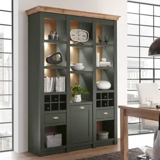 Lomadox Landhaus Regalschrank Buffet Bücherregal, grün mit Wotaneiche, inkl. Bekleuchtung, B/H/T: 147/207/45cm