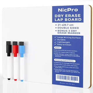 Nicpro Whiteboard Klein A4 (22 x 30 cm), Doppelseitiges Desktop Schreibtafel mit 3 Bunte Stifte, Schwamm, tragbares Mini Whiteboard für Schüler, Klassenzimmer, Schulmaterial, Lernen