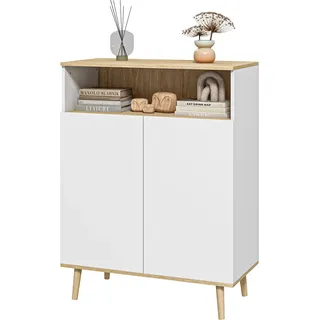 HOMCOM Aufbewahrungsmöbel, Sideboard Küche, mit verstellbarem Regal, 2-türiger Schrank, 80 x 38 x 102 cm, skandinavisches Design, Massivholzbeine, Weiß und Holzoptik   Aosom