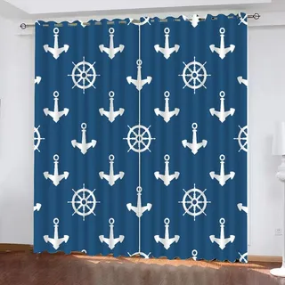 GIOVIA 3D Anker Vorhänge Abdunkelnde Ozean Maritim Kindervorhänge Vorhang mit ösen 2er Set Gardinen Blickdicht Verdunkelungs für Kinderzimmer Schlafzimmer Wohnzimmer B 110 X H 95 cm