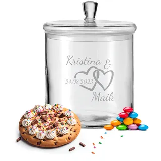 LALALO Leonardo Keksdose mit Gravur als Hochzeit Geschenk, Keksglas/Bonbonglas personalisiert als Hochzeitsgeschenk, Vorratsdose für Paare zum Hochzeitstag als Geldgeschenk (Herzharmonie)