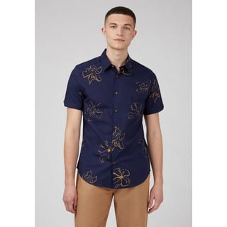 Ben Sherman Kurzarmhemd Linear Floral Print Shirt Branded Flag Label blau S