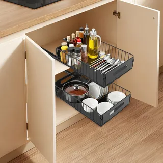 2 Pack Erweiterbar Ausziehbare Schublade küche mit Kleber, Teleskopschublade, Ausziehbare Schubladen-Aufbewahrungsregale für Küchenschränke, Schrank Organizer, Kein Bohren und Nageln Erforderlich